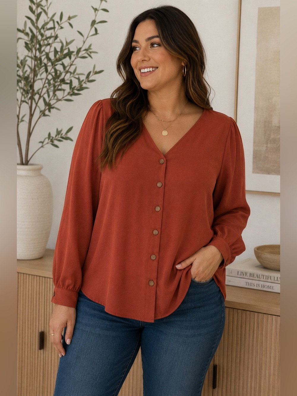 Zenana Burnt Orange Blouse Women’s 1X Flowy Button Front Boho Top